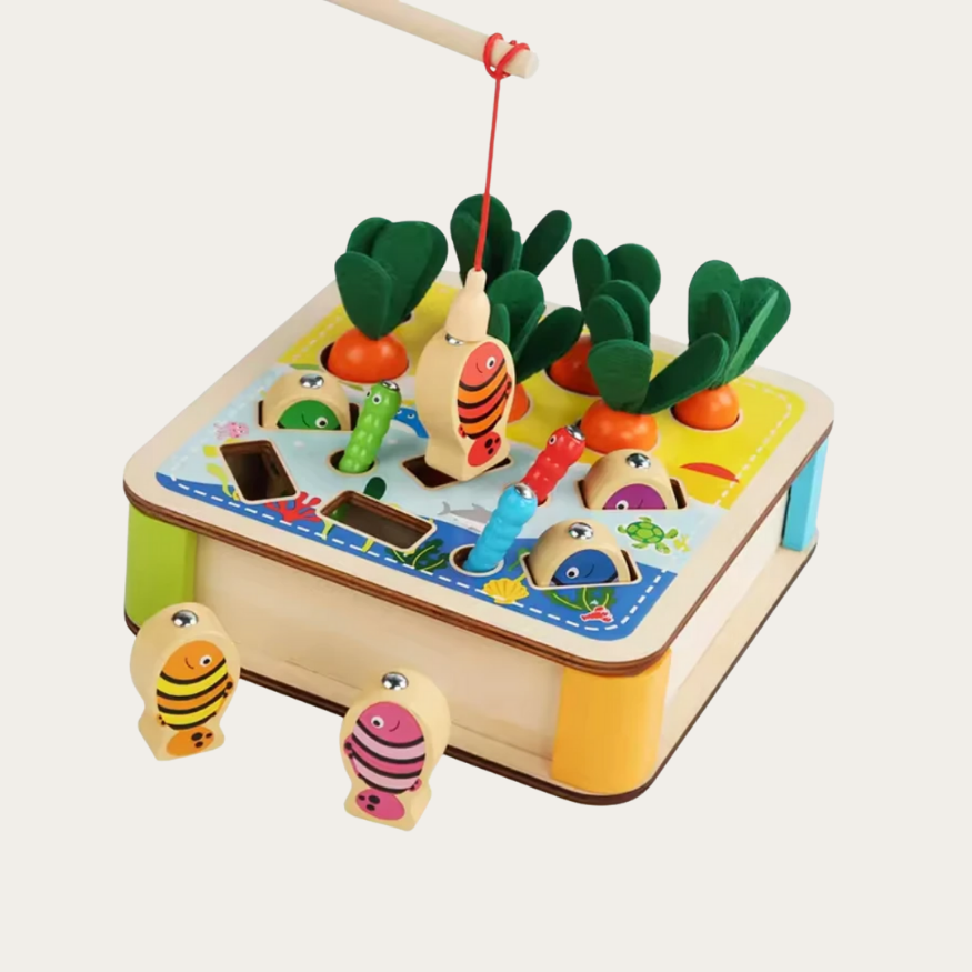 Drewniana Zabawka Edukacyjna 3w1 – Łowienie Marchewek, Łapanie Robaków i Łowienie Ryb