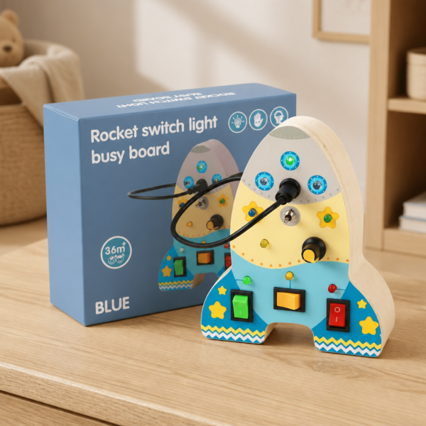Drewniany busyboard Rakieta z LED i przełącznikami (1–3 lata)
