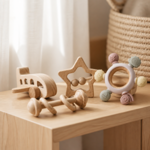 Baby Sensory - Drewniany zestaw wyprawkowy dla niemowlaka – samolocik, grzechotki, gryzaki