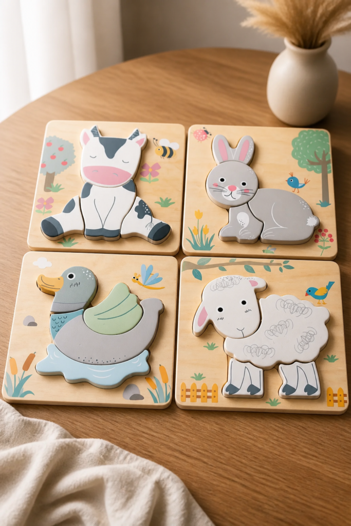 Drewniane puzzle edukacyjne – kolorowe zwierzątka (zestaw 4 szt.)