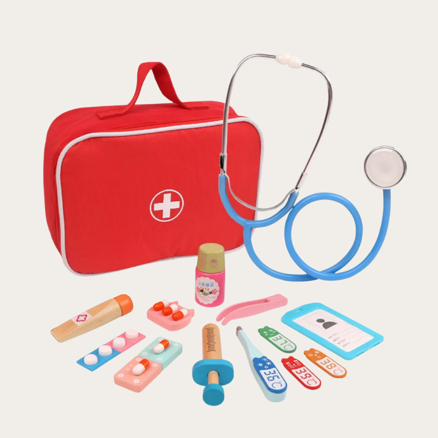 Drewniany zestaw lekarski dla dzieci – zabawka edukacyjna Montessori