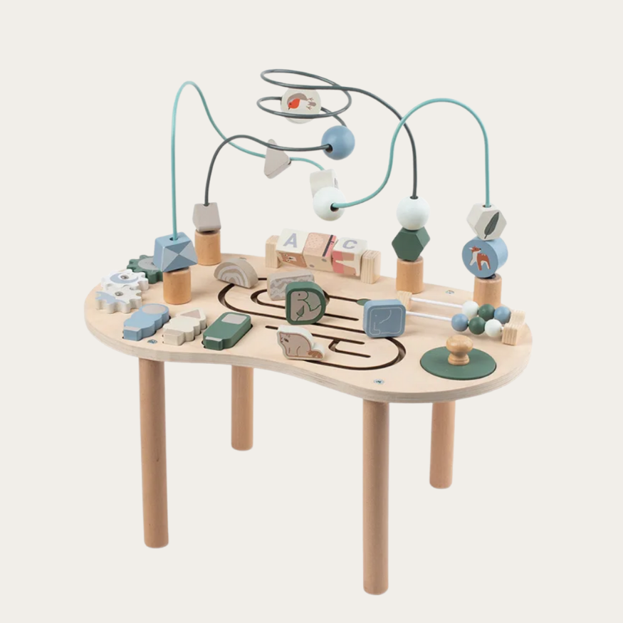 Drewniany stolik edukacyjny Montessori z labiryntem koralikowym