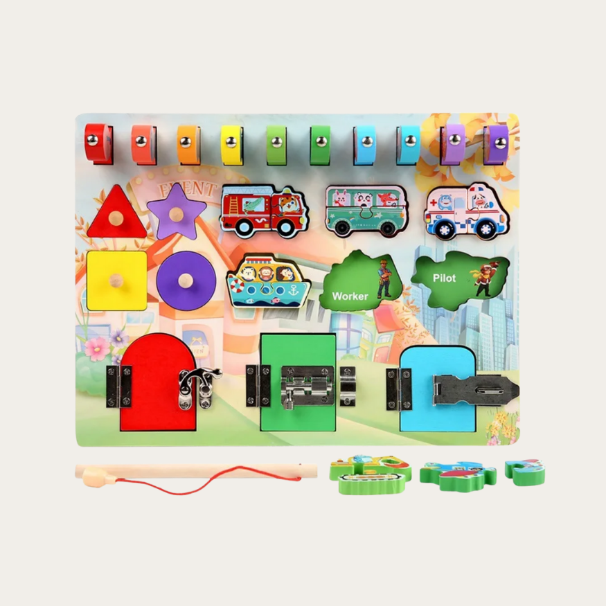 Tablica aktywności Montessori dla dzieci Rybki, Pojazdy, Zamki