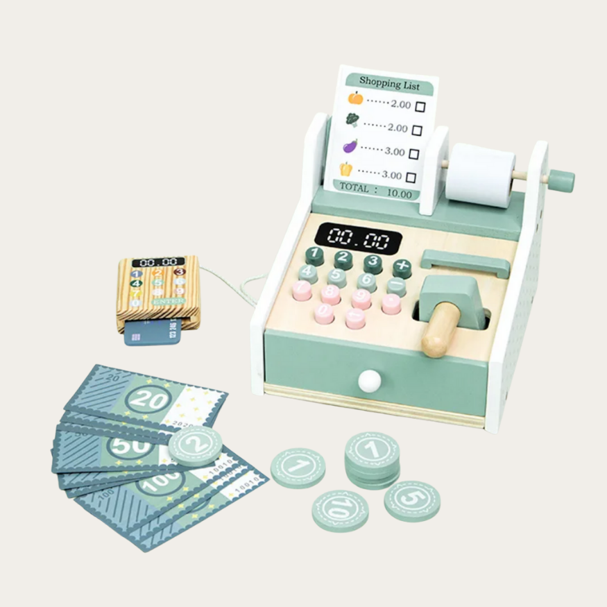 Drewniana kasa sklepowa dla dzieci – z kalkulatorem i akcesoriami