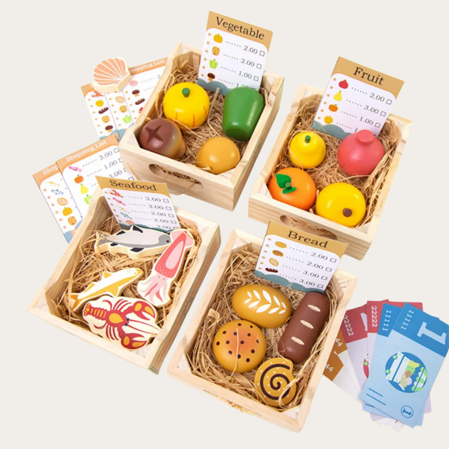 Drewniany zestaw do zabawy w kuchnię – owoce, warzywa, pieczywo i owoce morza