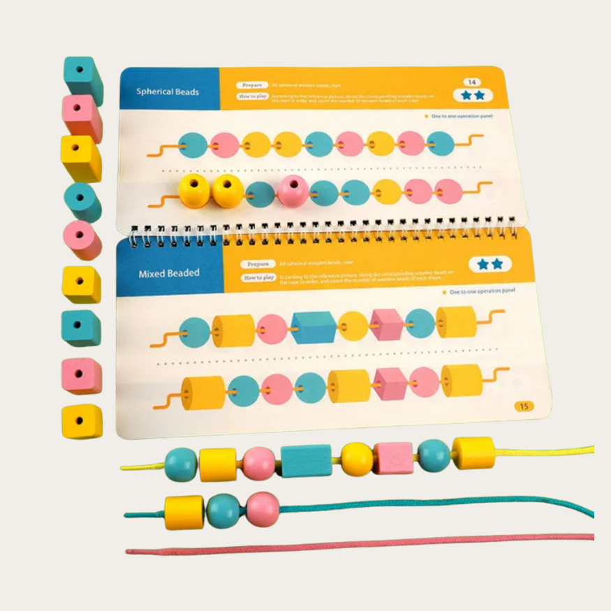 Drewniany zestaw do nawlekania – koraliki i klocki na sznurki