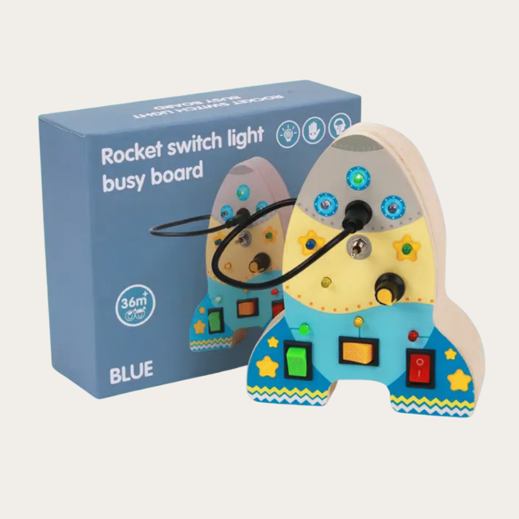 Drewniany busyboard Rakieta z LED i przełącznikami (1–3 lata)