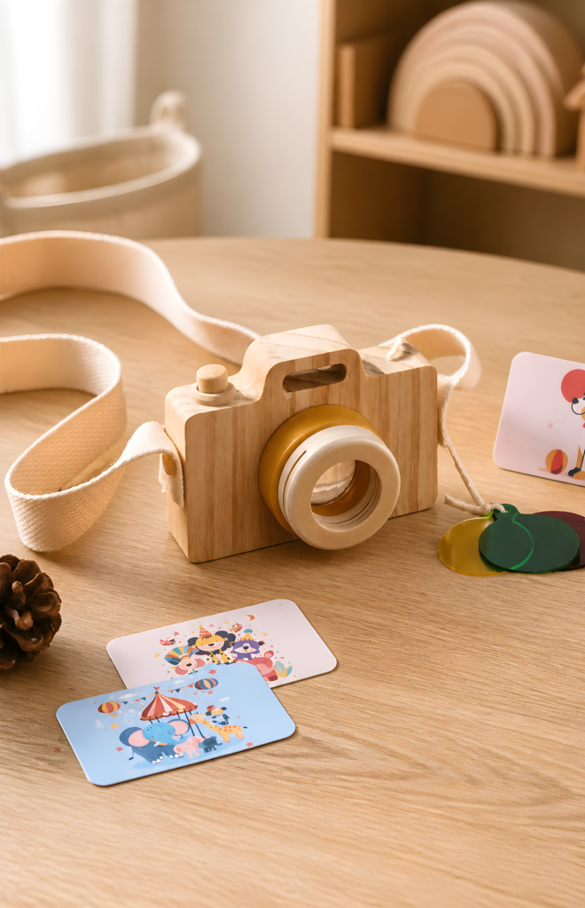 Aparat fotograficzny Montessori z kolorowymi szkiełkami