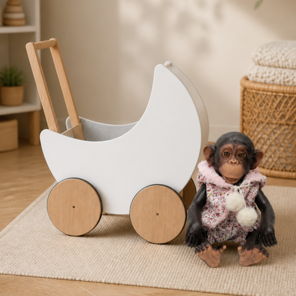 Bambi x Dolly - Zestaw Wózek i Lalka Szympans w kwiecistym ubranku 32 cm